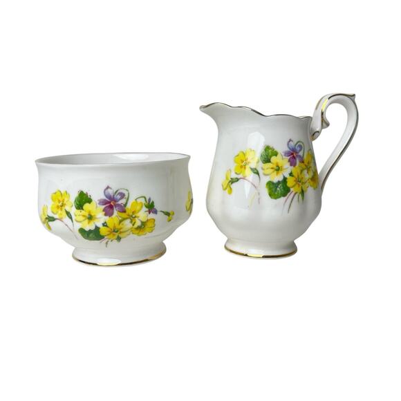 Royal Albert Creamer Sugar Set Bone China England Open Yellow Purple Flowers Vtg - Picture 1 of 12